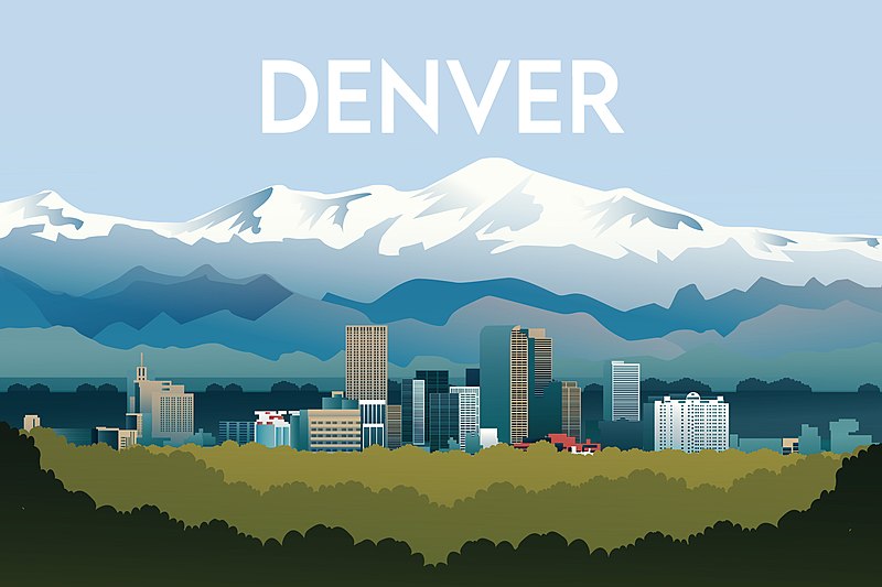 An image of the Denver city skyline in front of the Front Range of the Rocky Mountains. A forest is in the foreground. The word "Denver" in all capital, white letters is across the top center of the image, above the mountain range.